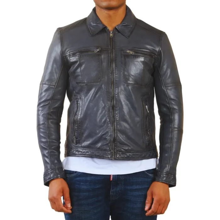 Men's Classic Collar Leather Biker Jacket - Image 8