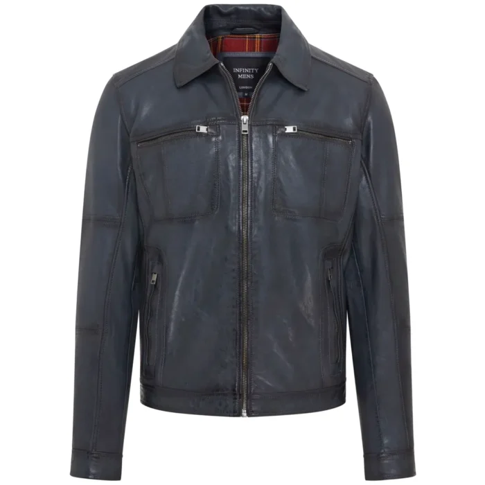 Men's Classic Collar Leather Biker Jacket - Image 14