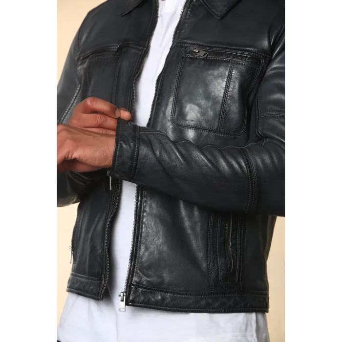 Men's Classic Collar Leather Biker Jacket - Image 11