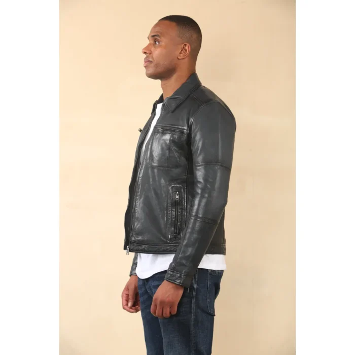 Men's Classic Collar Leather Biker Jacket - Image 10