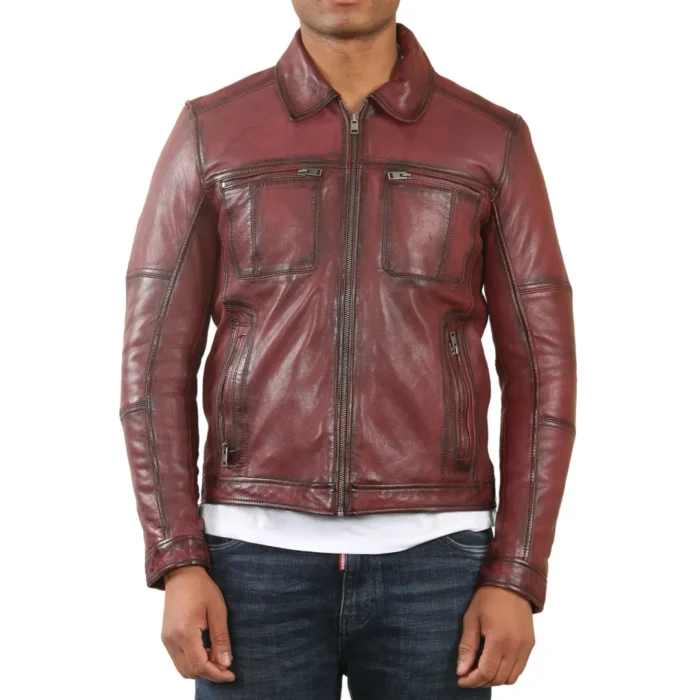 Men's Classic Collar Leather Biker Jacket - Image 15