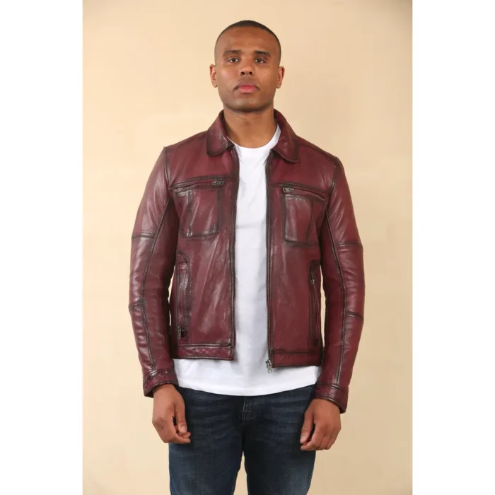 Men's Classic Collar Leather Biker Jacket - Image 20