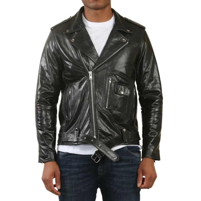 Men's Cow Hide Biker Brando Cross Zip Leather Jacket - Image 1