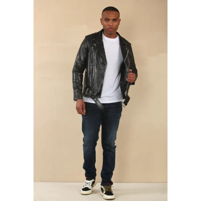Men's Cow Hide Biker Brando Cross Zip Leather Jacket - Image 3