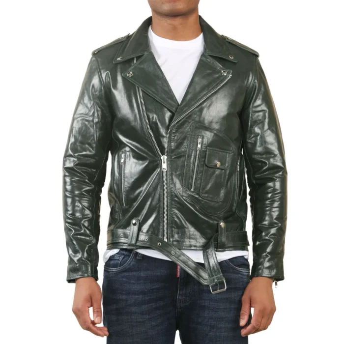 Men's Cow Hide Biker Brando Cross Zip Leather Jacket - Image 8