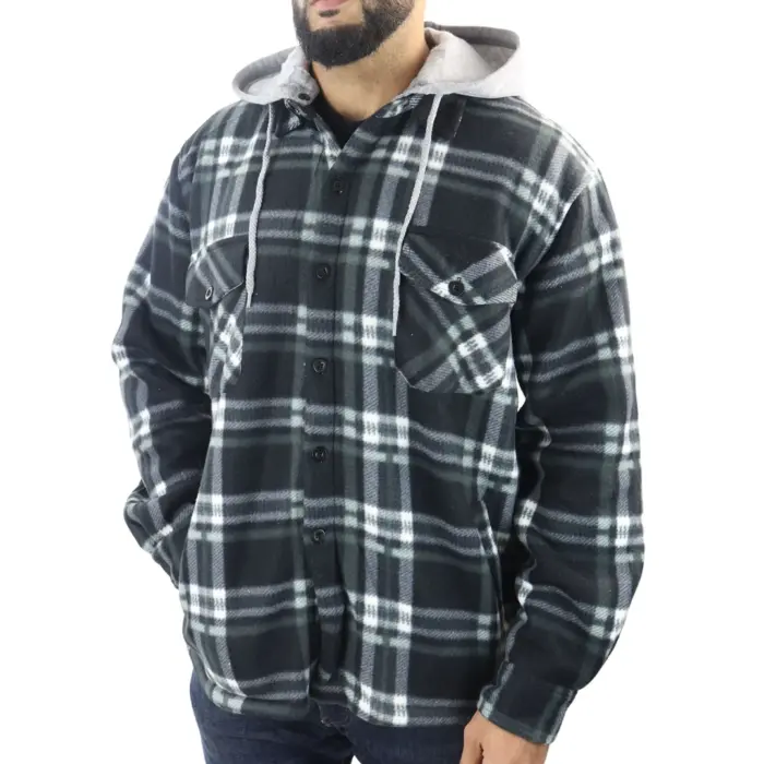 Men's Jumper Thermal Fleece Fur Lined Lumberjack Removable Hooded Buttoned Check Winter Shirt - Image 17