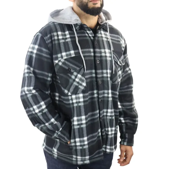 Men's Jumper Thermal Fleece Fur Lined Lumberjack Removable Hooded Buttoned Check Winter Shirt - Image 18