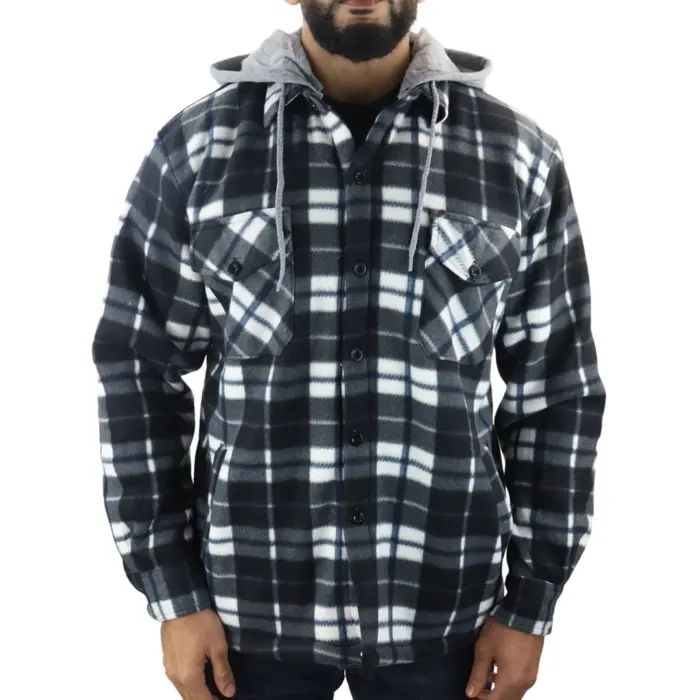 Men's Jumper Thermal Fleece Fur Lined Lumberjack Removable Hooded Buttoned Check Winter Shirt - Image 1