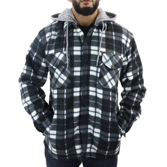 Men's Jumper Thermal Fleece Fur Lined Lumberjack Removable Hooded Buttoned Check Winter Shirt - Image 2