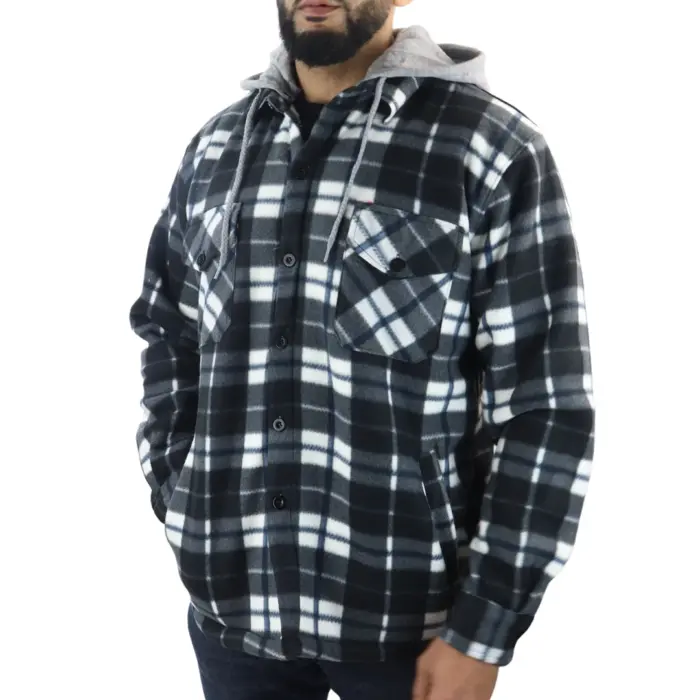 Men's Jumper Thermal Fleece Fur Lined Lumberjack Removable Hooded Buttoned Check Winter Shirt - Image 3
