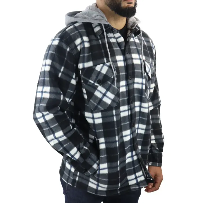 Men's Jumper Thermal Fleece Fur Lined Lumberjack Removable Hooded Buttoned Check Winter Shirt - Image 4