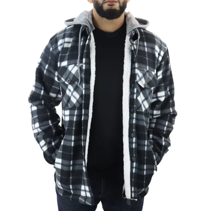 Men's Jumper Thermal Fleece Fur Lined Lumberjack Removable Hooded Buttoned Check Winter Shirt - Image 5