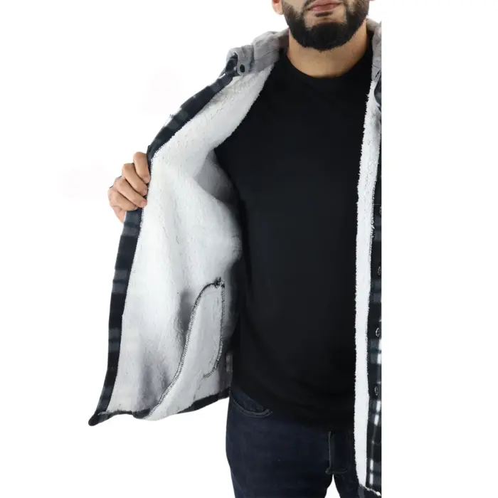 Men's Jumper Thermal Fleece Fur Lined Lumberjack Removable Hooded Buttoned Check Winter Shirt - Image 6