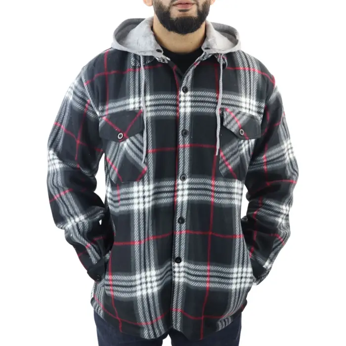 Men's Jumper Thermal Fleece Fur Lined Lumberjack Removable Hooded Buttoned Check Winter Shirt - Image 29