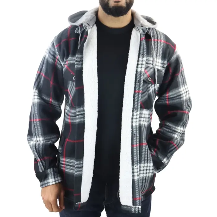 Men's Jumper Thermal Fleece Fur Lined Lumberjack Removable Hooded Buttoned Check Winter Shirt - Image 31