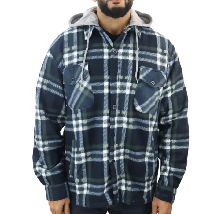 Men's Jumper Thermal Fleece Fur Lined Lumberjack Removable Hooded Buttoned Check Winter Shirt - Image 22