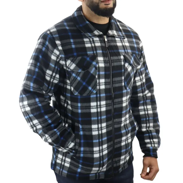 Men's Jumper Thermal Fleece Fur Lined Lumberjack Zipped Check Winter Shirt - Image 3