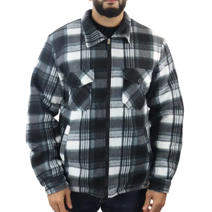 Men's Jumper Thermal Fleece Fur Lined Lumberjack Zipped Check Winter Shirt - Image 7