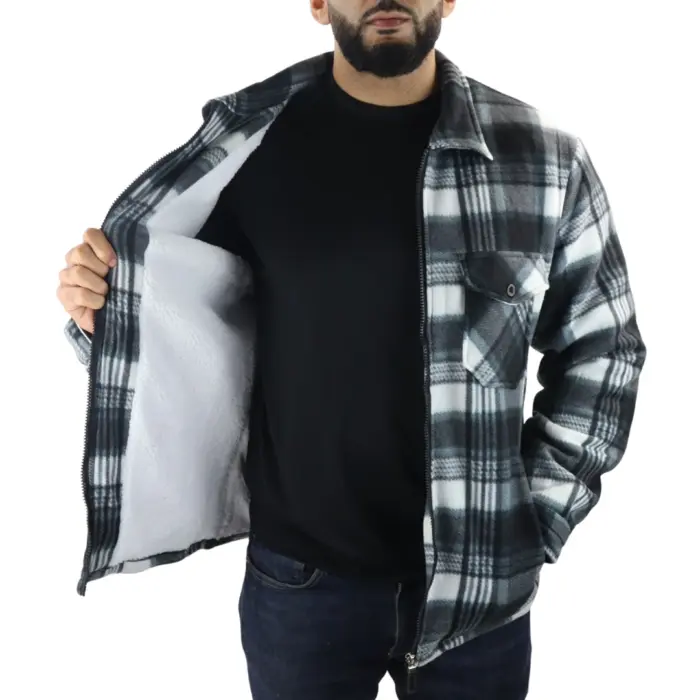Men's Jumper Thermal Fleece Fur Lined Lumberjack Zipped Check Winter Shirt - Image 12