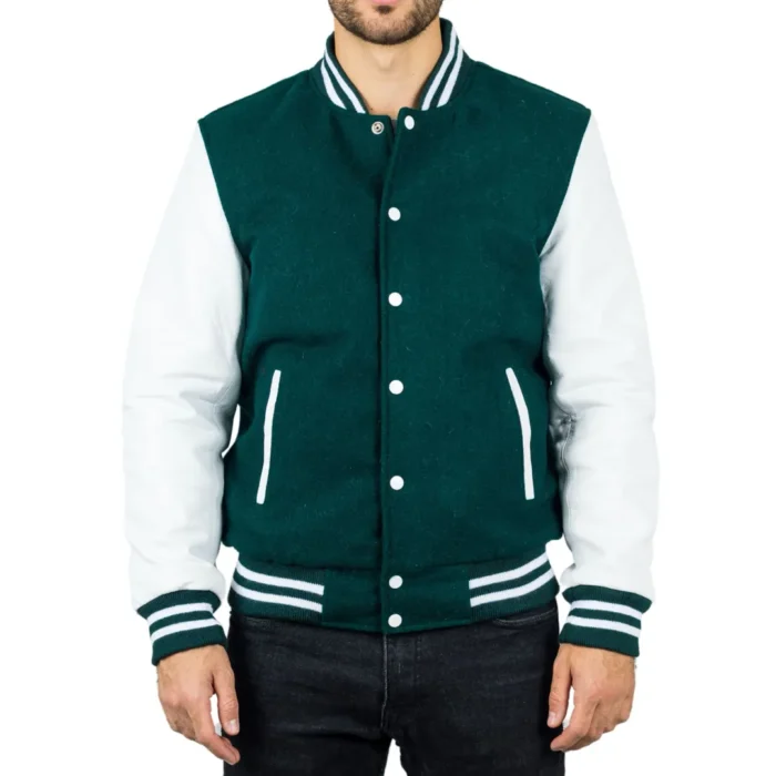 Men's Green White Varsity Bomber Jacket Wool Body Real Leather Sleeves College Baseball Coat - Image 1