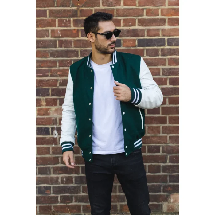 Men's Green White Varsity Bomber Jacket Wool Body Real Leather Sleeves College Baseball Coat - Image 2