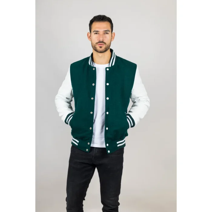 Men's Green White Varsity Bomber Jacket Wool Body Real Leather Sleeves College Baseball Coat - Image 3