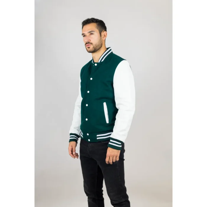 Men's Green White Varsity Bomber Jacket Wool Body Real Leather Sleeves College Baseball Coat - Image 4