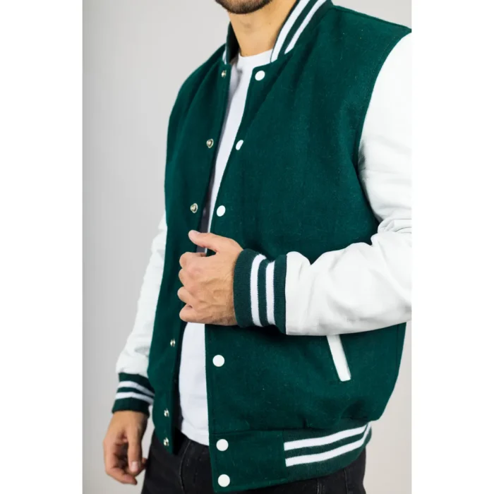 Men's Green White Varsity Bomber Jacket Wool Body Real Leather Sleeves College Baseball Coat - Image 5