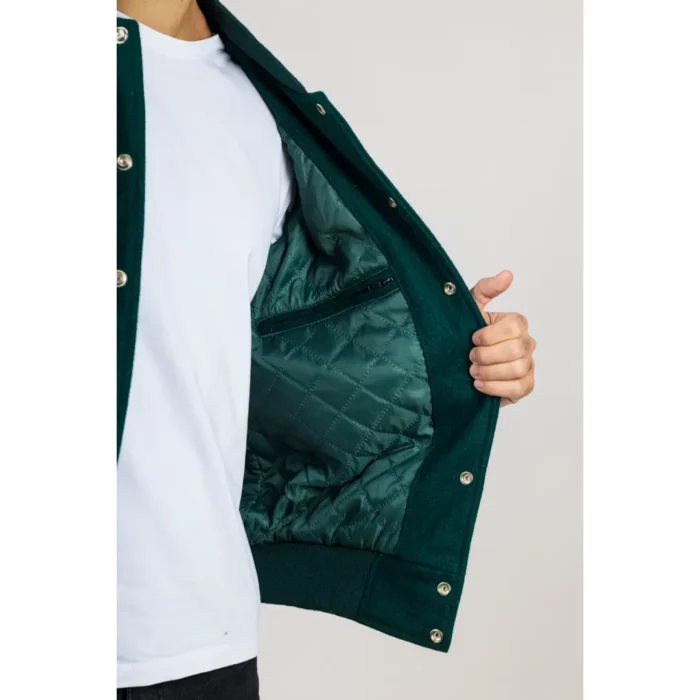 Men's Green White Varsity Bomber Jacket Wool Body Real Leather Sleeves College Baseball Coat - Image 6