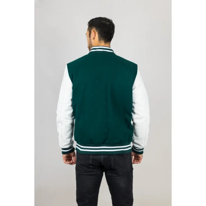 Men's Green White Varsity Bomber Jacket Wool Body Real Leather Sleeves College Baseball Coat - Image 7