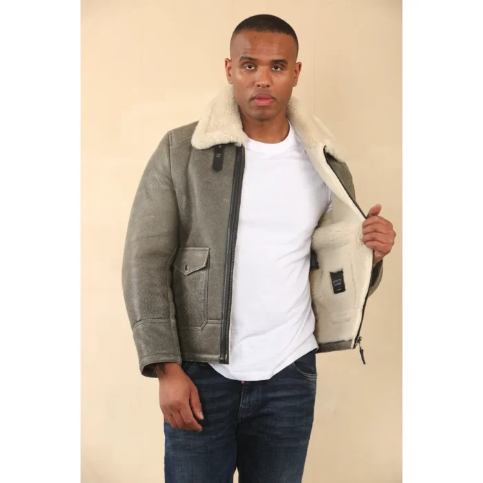Men's Grey B3 Shearling Aviator Sheepskin Jacket - Image 4
