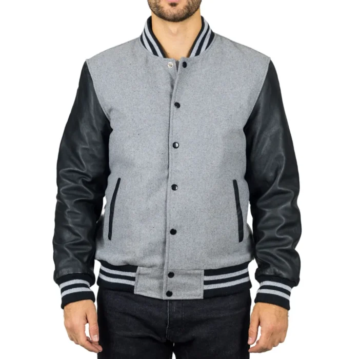 Men's Grey Black Varsity Bomber Jacket Wool Body Real Leather Sleeves College Baseball Coat - Image 1