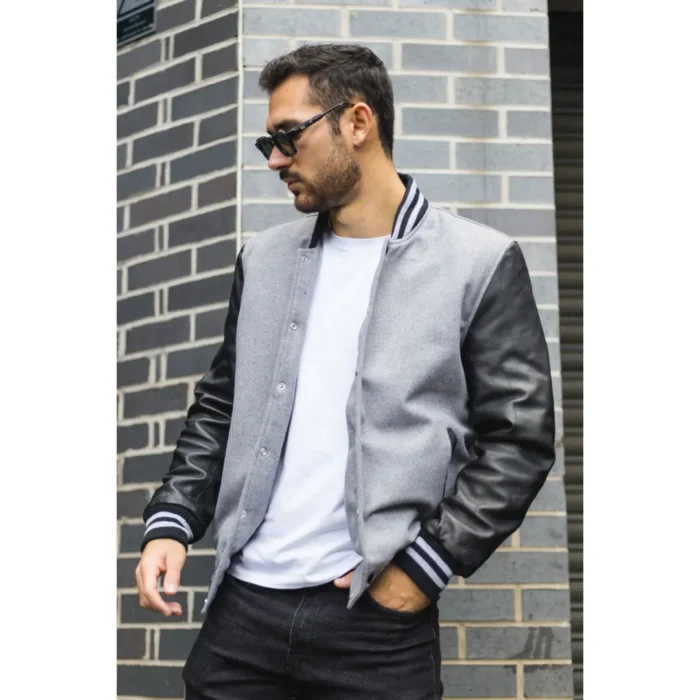 Men's Grey Black Varsity Bomber Jacket Wool Body Real Leather Sleeves College Baseball Coat - Image 2