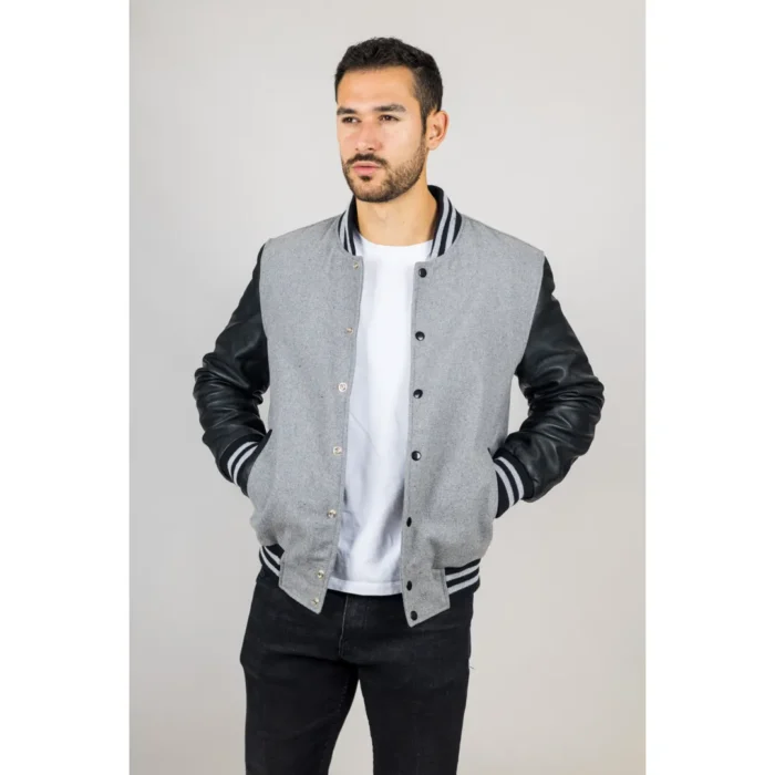 Men's Grey Black Varsity Bomber Jacket Wool Body Real Leather Sleeves College Baseball Coat - Image 3