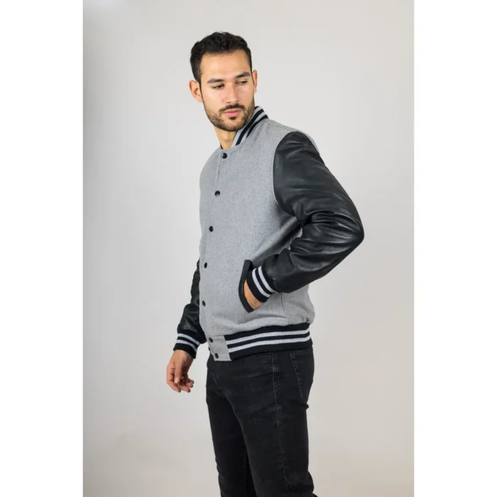 Men's Grey Black Varsity Bomber Jacket Wool Body Real Leather Sleeves College Baseball Coat - Image 4