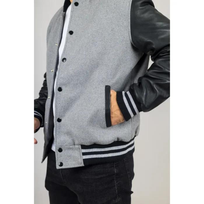 Men's Grey Black Varsity Bomber Jacket Wool Body Real Leather Sleeves College Baseball Coat - Image 5
