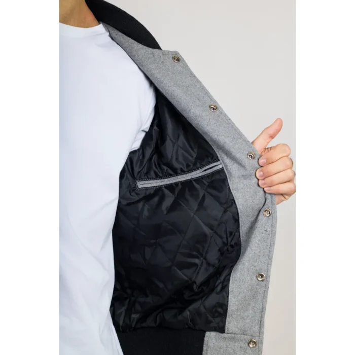 Men's Grey Black Varsity Bomber Jacket Wool Body Real Leather Sleeves College Baseball Coat - Image 6