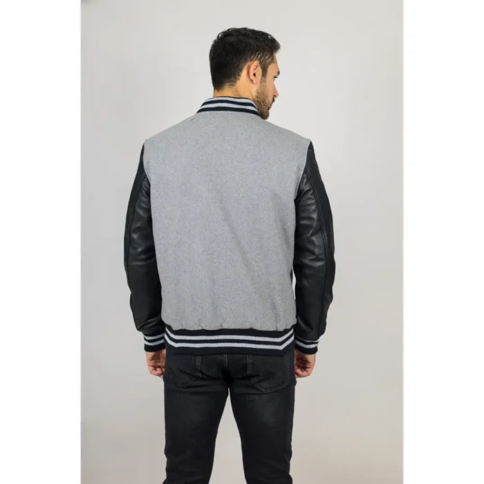 Men's Grey Black Varsity Bomber Jacket Wool Body Real Leather Sleeves College Baseball Coat - Image 7