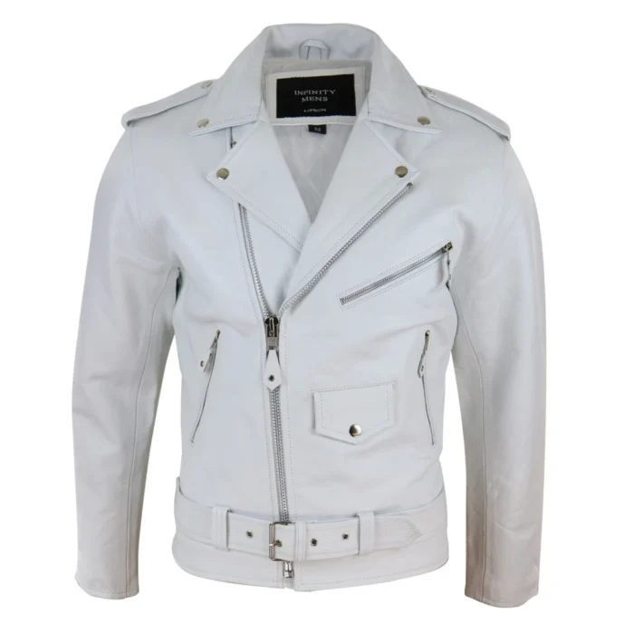 Mens Cow Hide Cross Zip Brando Biker Motorcycle Real Leather Jacket - Image 28