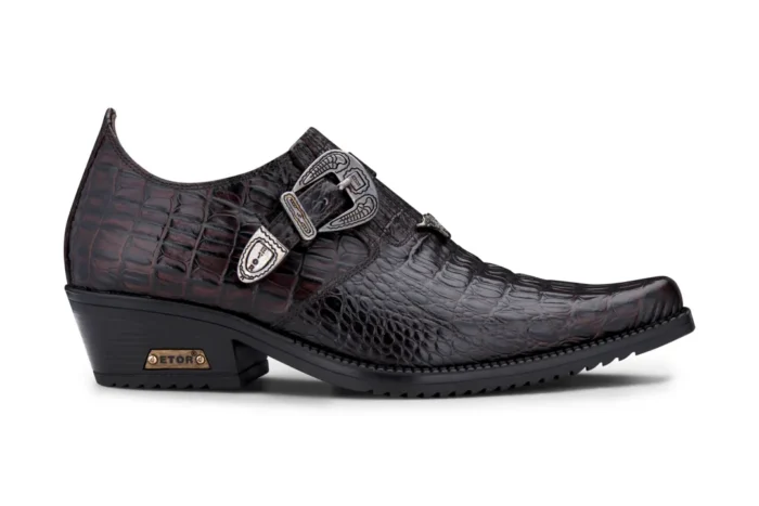 Mens Genuine Leather Western Shoes Croc Metal Belt Cuban Heel Dancing Riding Wincklepickers - Image 1