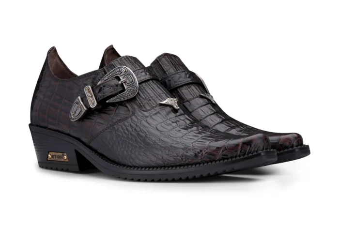 Mens Genuine Leather Western Shoes Croc Metal Belt Cuban Heel Dancing Riding Wincklepickers - Image 2
