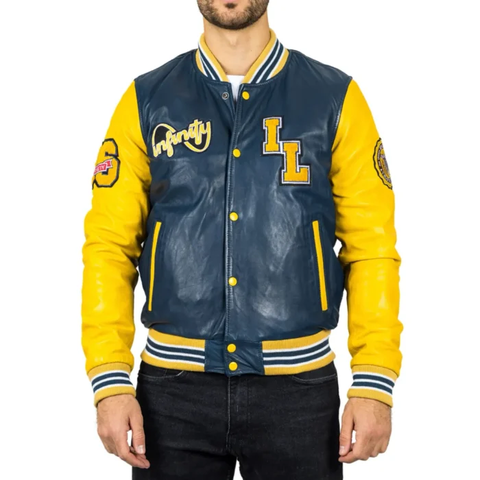 Men's Navy Blue Genuine Leather Bomber Jacket Baseball Letterman Coat - Image 1