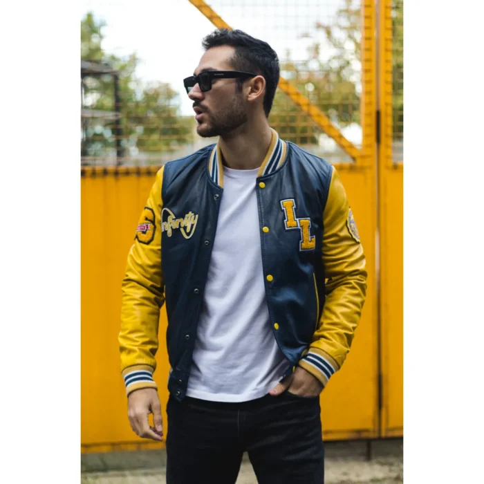 Men's Navy Blue Genuine Leather Bomber Jacket Baseball Letterman Coat - Image 2
