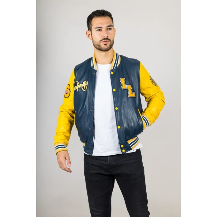 Men's Navy Blue Genuine Leather Bomber Jacket Baseball Letterman Coat - Image 7