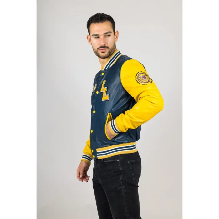 Men's Navy Blue Genuine Leather Bomber Jacket Baseball Letterman Coat - Image 6