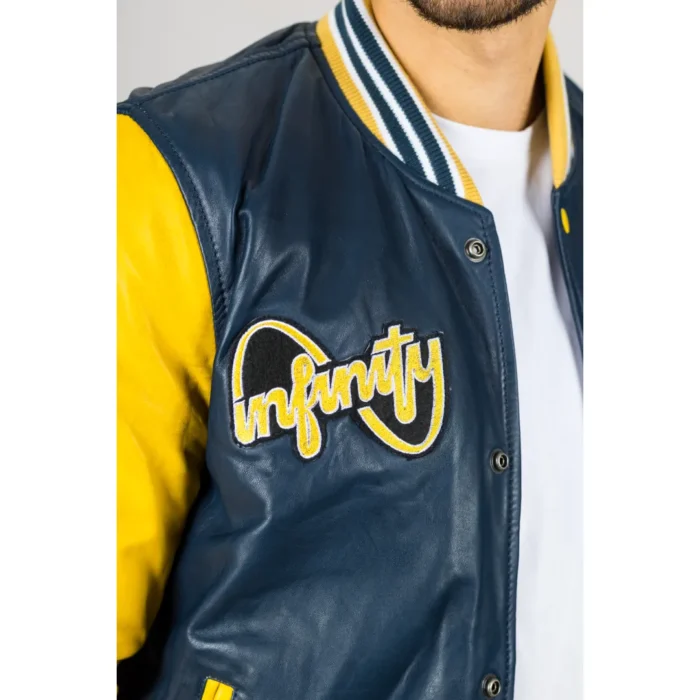 Men's Navy Blue Genuine Leather Bomber Jacket Baseball Letterman Coat - Image 5