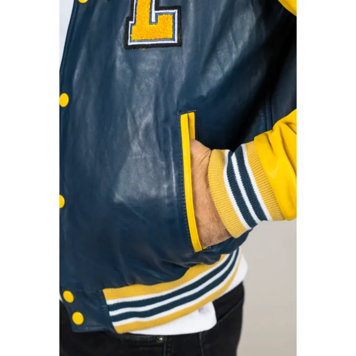 Men's Navy Blue Genuine Leather Bomber Jacket Baseball Letterman Coat - Image 4