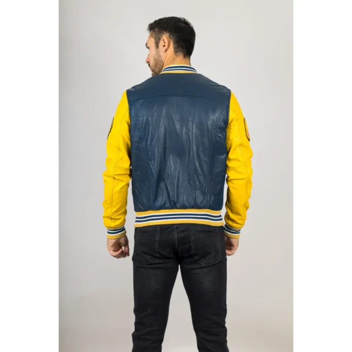 Men's Navy Blue Genuine Leather Bomber Jacket Baseball Letterman Coat - Image 3
