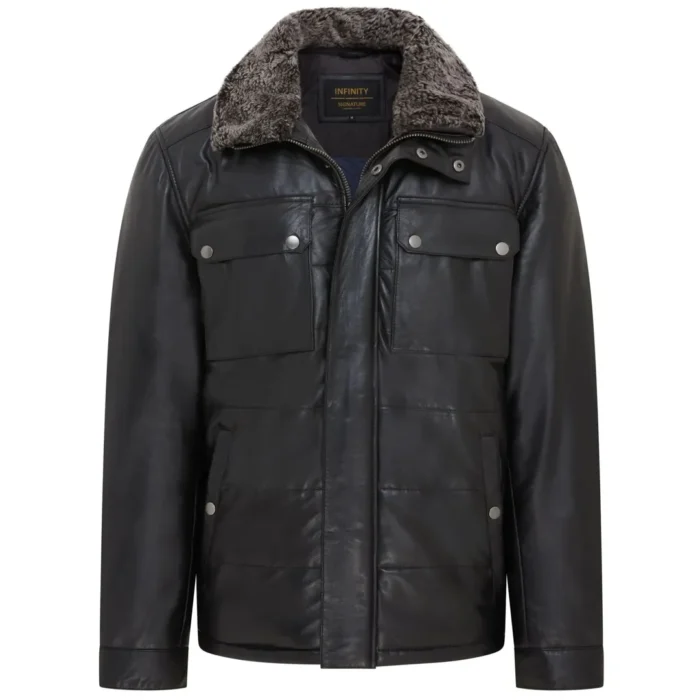 Men's Quilted Faux Fur Collar Leather Jacket - Image 1