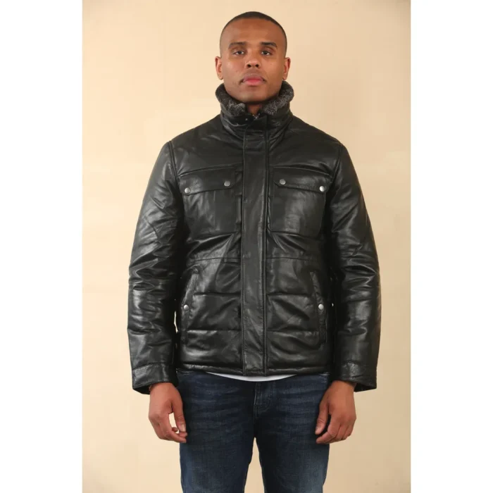 Men's Quilted Faux Fur Collar Leather Jacket - Image 2